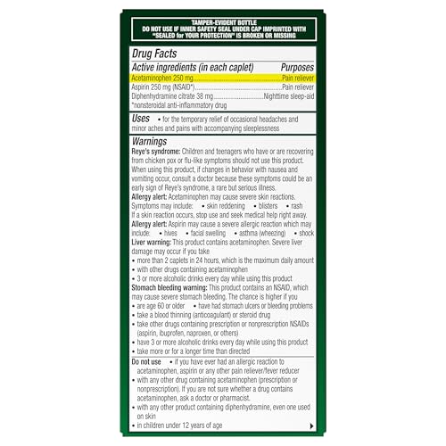 Excedrin PM for Headache Relief, Acetaminophen 250mg, Aspirin 250mg, Diphenhydramine Citrate 38mg, Pain Reliever, Nighttime Sleep-Aid, 100 Count