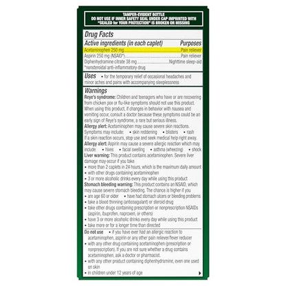 Excedrin PM for Headache Relief, Acetaminophen 250mg, Aspirin 250mg, Diphenhydramine Citrate 38mg, Pain Reliever, Nighttime Sleep-Aid, 100 Count