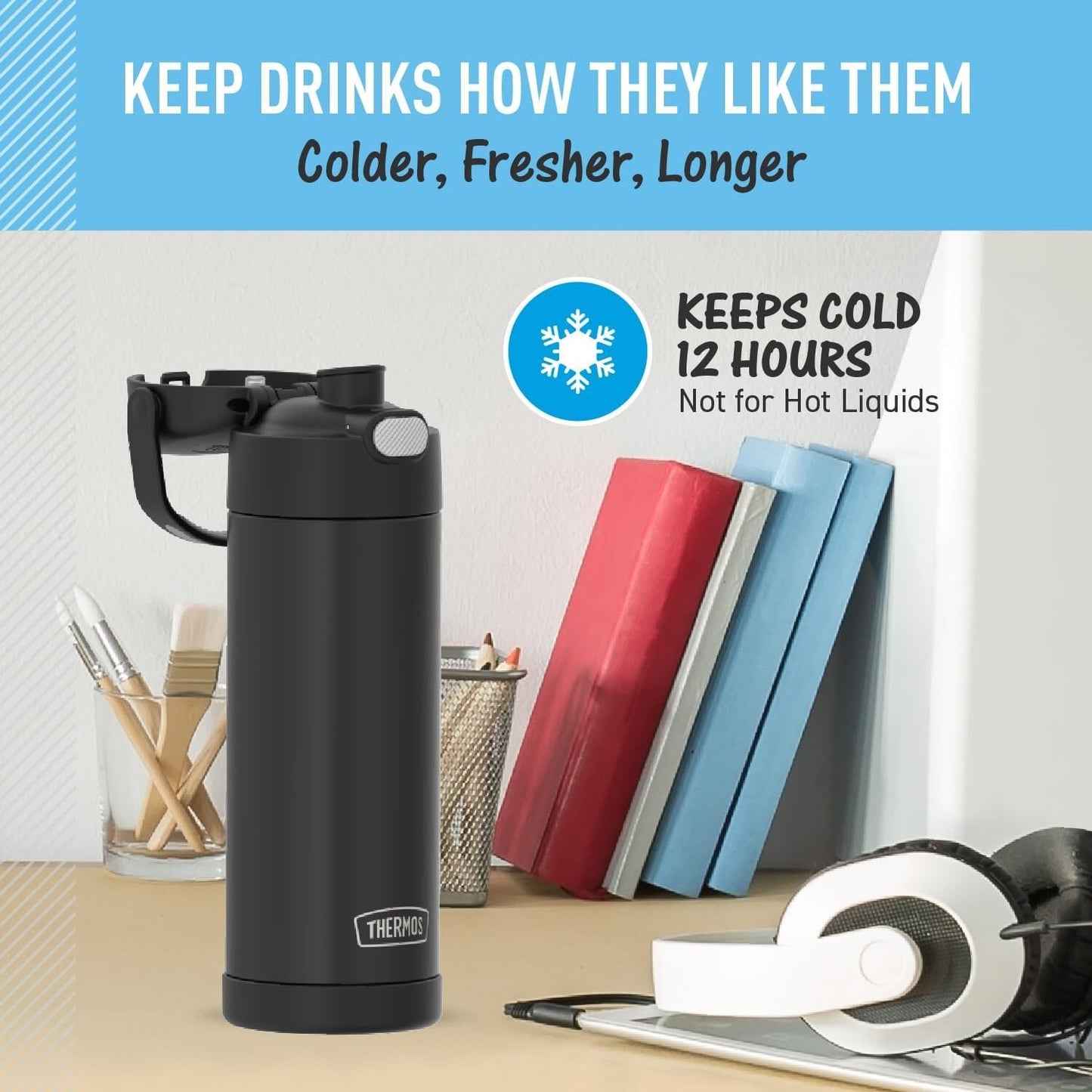 THERMOS FUNTAINER 16 Ounce Stainless Steel Vacuum Insulated Bottle, LT BLUE, NEW