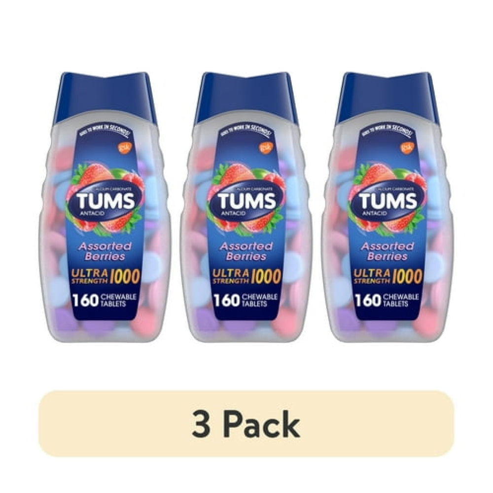 (3 pack) Tums Ultra Strength Heartburn Relief Chewable Antacid Tablets, Berry, 160 Count
