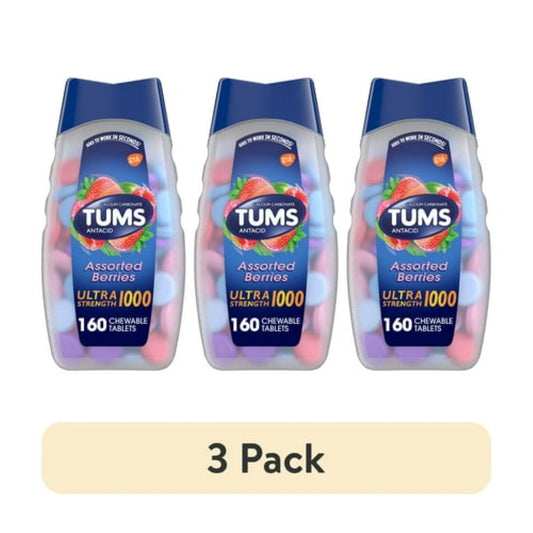 (3 pack) Tums Ultra Strength Heartburn Relief Chewable Antacid Tablets, Berry, 160 Count