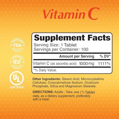 ALFA VITAMINS Vitamin C Supplement 1000mg, Powerful Antioxidant for Immune Support & Healthy Skin, Promotes Collagen Formation, Dietary Supplement for Daily Wellness and Skin Protection, 100 Tablets
