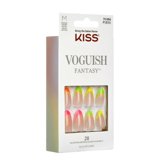 KISS Voguish Fantasy Medium Almond Glue-On Summer Nails, Multi-Neon, 28 Pieces