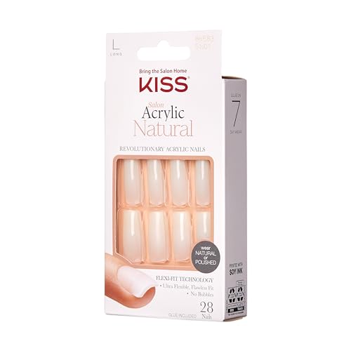 KISS Salon Acrylic Press On Nails, Nail glue included, 'Bareskinned', White, Long Size, Square Shape, Includes 28 Nails, 2g glue, 1 Manicure Stick, 1 Mini File