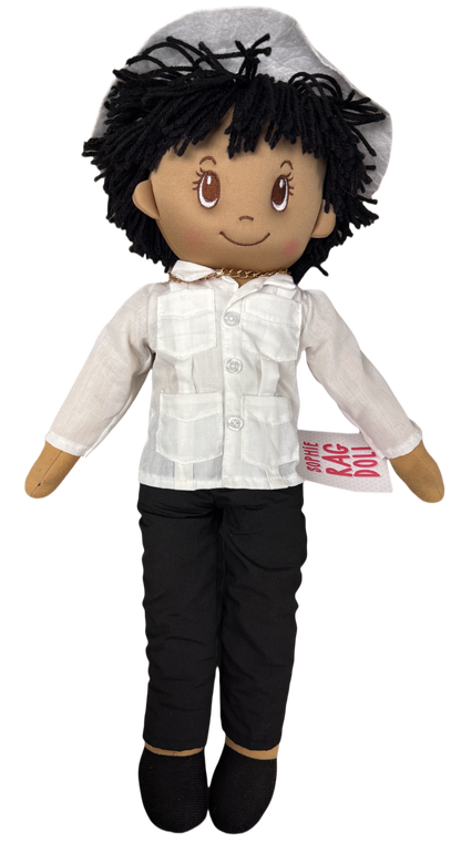 22" Sophie Decorative Boy Rag Doll - Black Pants White Shirt, Hat and Necklace