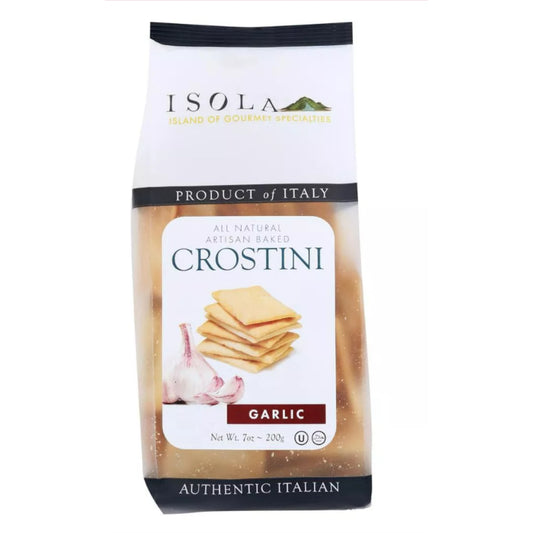 Isola Italian Garlic Crostini 7 oz – Crisp Artisan Bread Slices Baked in Italy, Infused with Real Garlic for Cheese Boards, Toppings, Appetizer Pairings, and Culinary Presentations