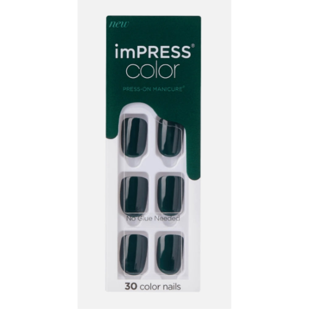 KISS imPRESS Color Press-On Manicure Fake Nails, Emeralds - Short & Square, Solid Green, Ready To Wear, Chip Proof, Smudge Proof, No Dry Time, Mini File & More | 30 Count