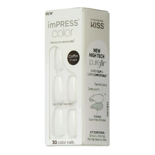 KISS imPRESS Press on Nails, Fresh Look, White, Short Squoval, 30 Count