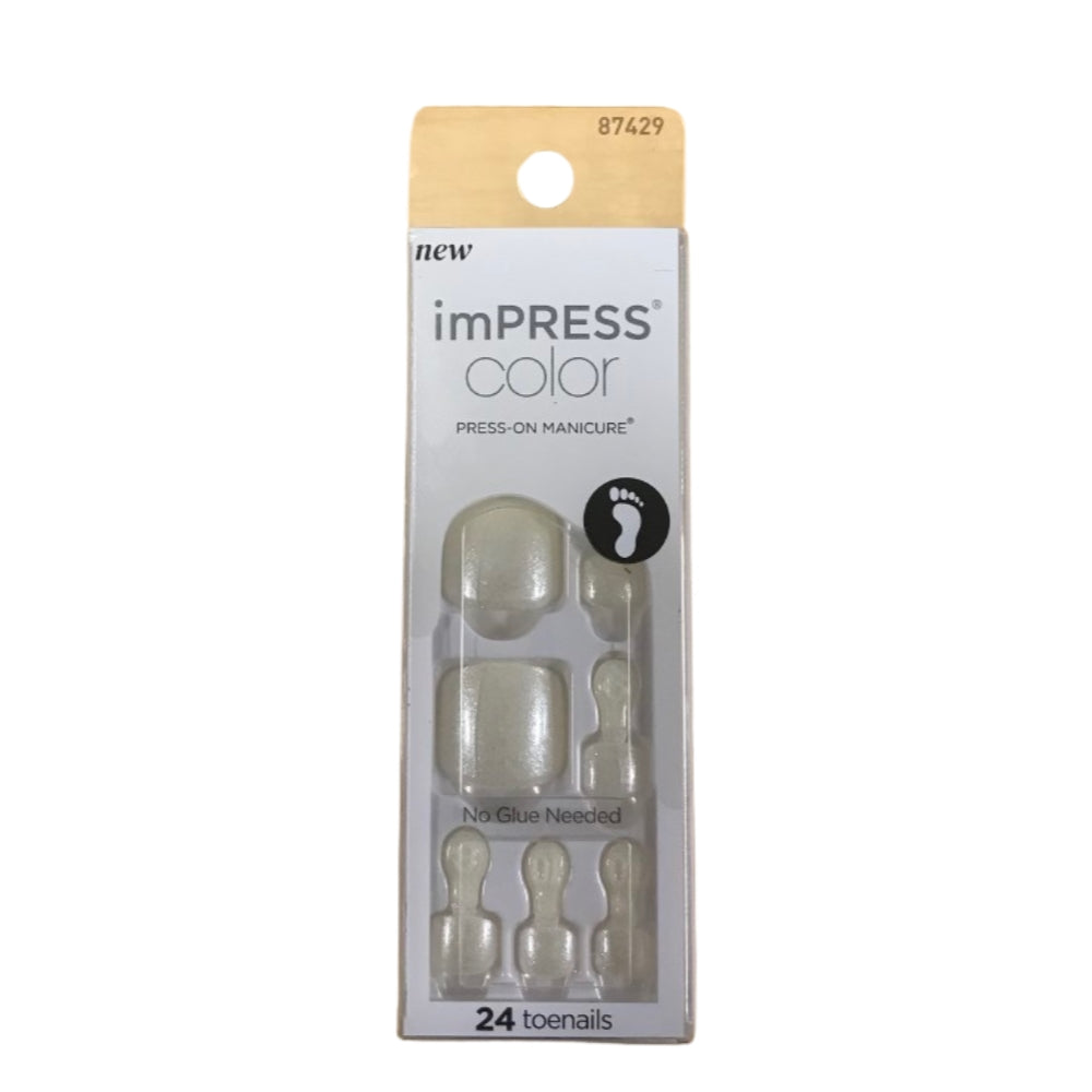 KISS imPRESS Color No Glue Pedi Press-On Toenails, Medium White, "Pearlfection", Squoval Shape, Includes 24 Nails, Prep Pad, 1 Manicure Stick, 1 Mini File