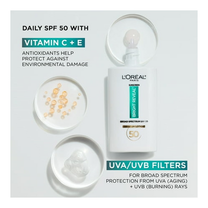 L'Oreal Paris Bright Reveal Daily UV Lotion SPF 50, Reduces Dark Spots, 1.7 fl oz