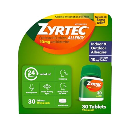 Zyrtec 24 Hour Allergy Relief Tablets, Indoor & Outdoor Anti Allergy Medicine with 10 mg Cetirizine HCl per Antihistamine Tablet, Relief from Runny Nose, Sneezing, Itchy Eyes & More, 30 ct