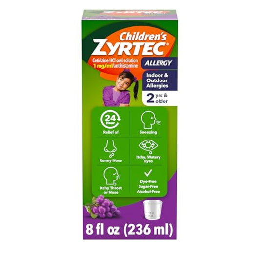 Children's Zyrtec 24 Hour Allergy Relief Syrup, 5 mg Cetirizine Hydrochloride Antihistamine, Kids Allergy Medicine for Indoor & Outdoor Allergy Relief, Dye- & Sugar-Free, Grape, 8 fl. oz