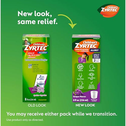 Children's Zyrtec 24 Hour Allergy Relief Syrup, 5 mg Cetirizine Hydrochloride Antihistamine, Kids Allergy Medicine for Indoor & Outdoor Allergy Relief, Dye- & Sugar-Free, Grape, 8 fl. oz