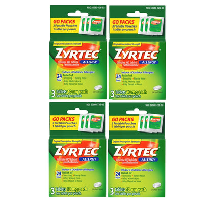 4 Pack Zyrtec 24 Hour Allergy Relief Tablets, 10 mg Cetirizine HCl Antihistamine, Travel Size, 3 ct
