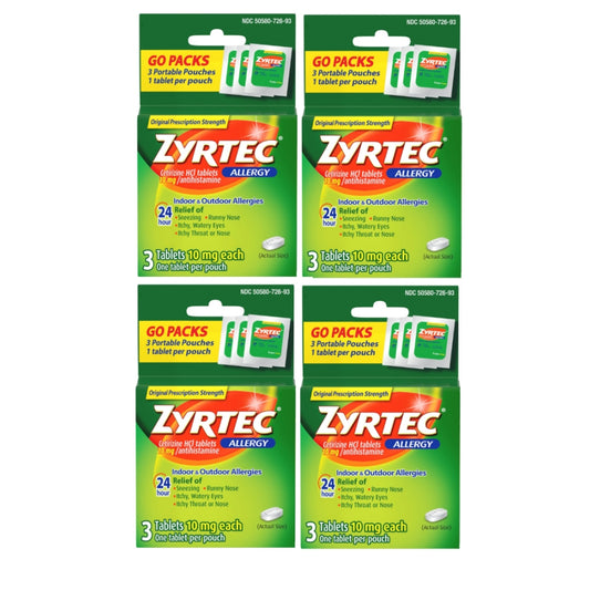 4 Pack Zyrtec 24 Hour Allergy Relief Tablets, 10 mg Cetirizine HCl Antihistamine, Travel Size, 3 ct