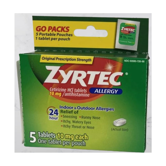 Zyrtec 24 Hour Allergy Relief Tablets, Allergy Medicine with 10 mg Cetirizine HCl per Antihistamine Tablet for Allergies, On-The-Go Relief, Individual Travel Pouches, 5 ct, (5 x 1 ct)