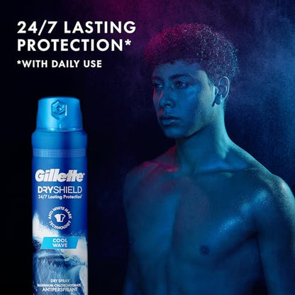 Gillette Dry Spray Antiperspirant and Deodorant for Men, 24/7 Sweat & Odor Protection, Anti-White Mark Technology, Cool Wave Scent, 4.3 oz (Pack of 3)