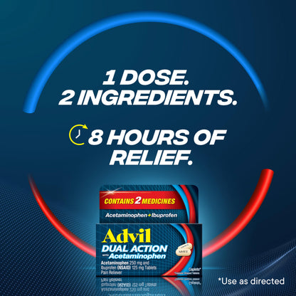 Advil Dual Action With Acetaminophen And Ibuprofen (2 Dose Equivalent) For 8 Hour Pain Relief. 3 Travel Size, 8 Caples each