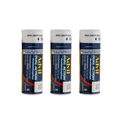 Advil Dual Action With Acetaminophen And Ibuprofen (2 Dose Equivalent) For 8 Hour Pain Relief. 3 Travel Size, 8 Caples each