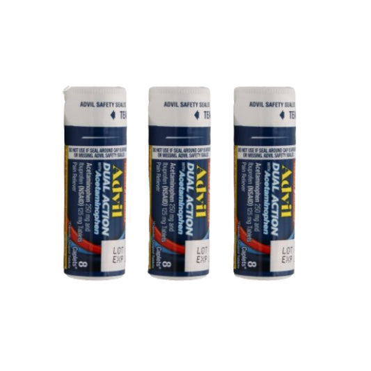 Advil Dual Action With Acetaminophen And Ibuprofen (2 Dose Equivalent) For 8 Hour Pain Relief. 3 Travel Size, 8 Caples each