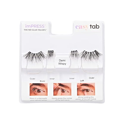 KISS imPRESS Falsies Easy Tab Press On Self Adhesive Eyelashes, Black, 'Demi Wispy', 1 Pair of 8mm-10mm Inner Natural Volume Eyelash Clusters & 1 Pair of 11mm-13mm Outer Half-Lashes with Easy Tabs