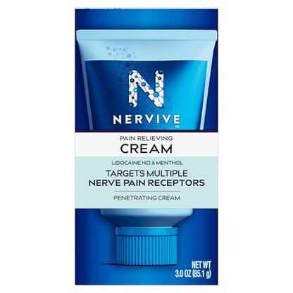 Nervive Pain Relieving Cream, Max Strength Non-Greasy Topical Pain Reliever with Lidocaine and Menthol for Toes, Feet, Fingers, Hands, Legs & Arms, 3.0oz