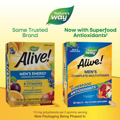 Nature's Way Alive! Men's Complete Multivitamin, Supports Energy Metabolism & Muscle Function*, B-Vitamins, Superfood Antioxidants**, Gluten-Free, 50 Tablets (Packaging May Vary)