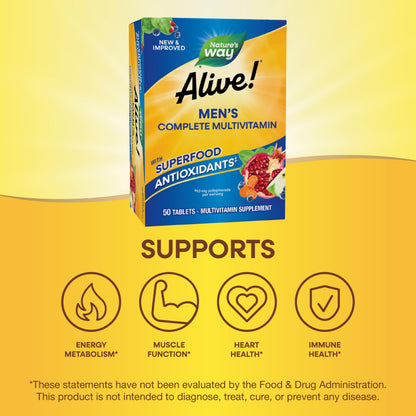Nature's Way Alive! Men's Complete Multivitamin, Supports Energy Metabolism & Muscle Function*, B-Vitamins, Superfood Antioxidants**, Gluten-Free, 50 Tablets (Packaging May Vary)