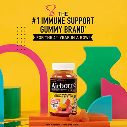 Airborne Vitamin C 500mg (per Serving) Kids Assorted Fruit Flavored Gummies (42 Count in a Bottle), Gluten-Free Immune Support Supplement with Vitamins A C E, Selenium, Echinacea & Ginger