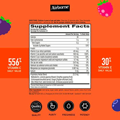 Airborne Vitamin C 500mg (per Serving) Kids Assorted Fruit Flavored Gummies (42 Count in a Bottle), Gluten-Free Immune Support Supplement with Vitamins A C E, Selenium, Echinacea & Ginger