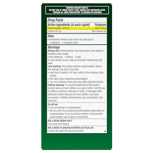 Excedrin Tension Headache Relief Caplets, Acetaminophen 500mg, Caffeine 65mg, Pain Reliever, Aspirin-Free, 100 Count