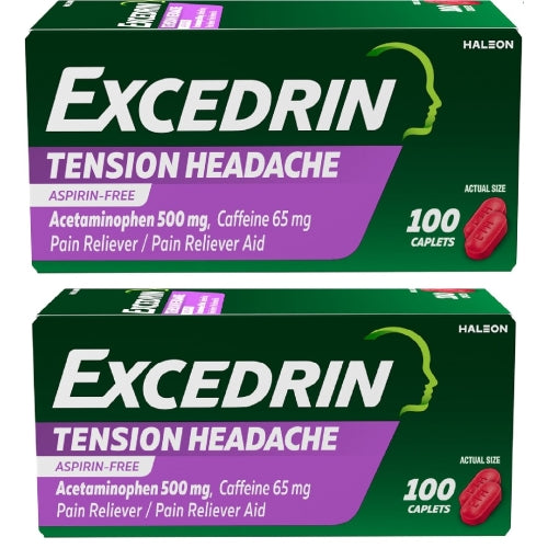 Excedrin Tension Headache Relief Caplets, Acetaminophen 500mg, Caffeine 65mg, Pain Reliever, Aspirin-Free, 100 Count
