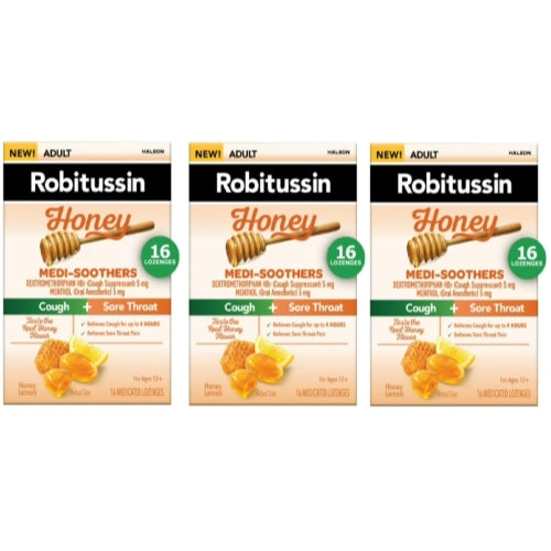 3 Pack Robitussin Medi-Soothers Honey Lemon Throat Lozenges, 16 Ct EXP 07-09-25