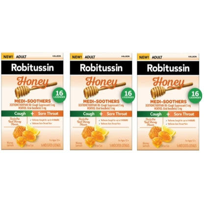 3 Pack Robitussin Medi-Soothers Honey Lemon Throat Lozenges, 16 Ct EXP 07-09-25