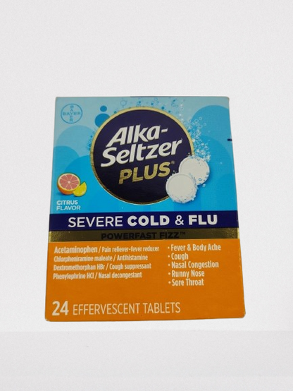 Alka-Seltzer Plus Severe, Cold & Flu Medicine, Citrus Effervescent Tablets, Nasal & Sinus Congestion, Sneezing, Runny Nose, Cough, Sore Throat 24 Count, Packaging May Vary