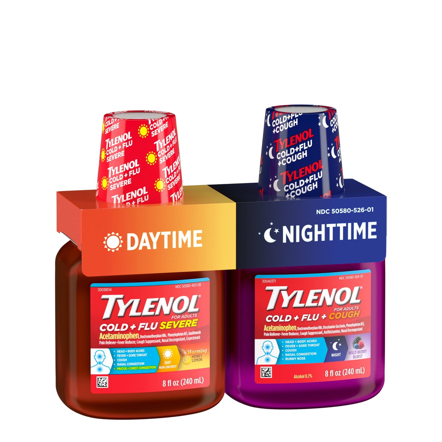 Tylenol Cold + Flu Severe Daytime & Nighttime Liquid Cough Medicine with Acetaminophen Pain Reliever & Fever Reducer, Nasal Decongestant & Antihistamine, Value Pack, 2 ct. of 8 fl. oz