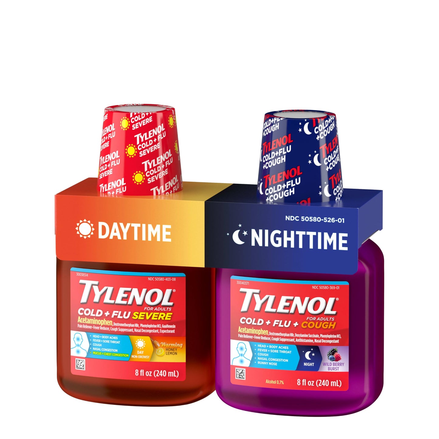 Tylenol Cold + Flu Severe Daytime & Nighttime Liquid Cough Medicine with Acetaminophen Pain Reliever & Fever Reducer, Nasal Decongestant & Antihistamine, Value Pack, 2 ct. of 8 fl. oz