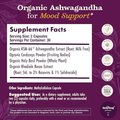 Organic Mood Pills - 60 Capsules Organic Ashwagandha Supplements for Women and Men, Ashwagandha Root Capsules with Cordyceps, Holy Basil & Rhodiola, Reduce Stress, Boosts Mood and Cognitive Function