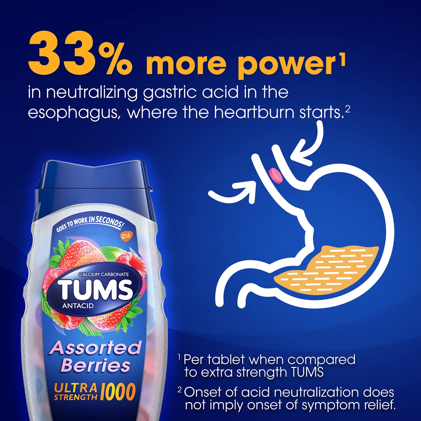 TUMS Ultra Strength Chewable Antacid Tablets for Heartburn Relief and Acid Indigestion Relief, Assorted Berries - 72 Count