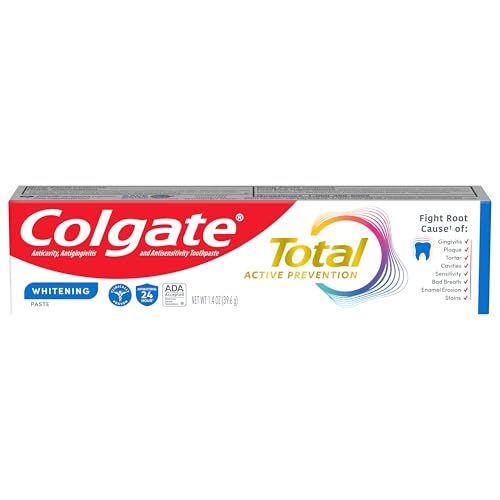 Colgate Total Active Prevention Travel Toothpaste, Whitening Toothpaste with Fluoride, Antibacterial, Mint, Clinically Proven Gum Health, Travel Size 1.4 oz - 14 Pack