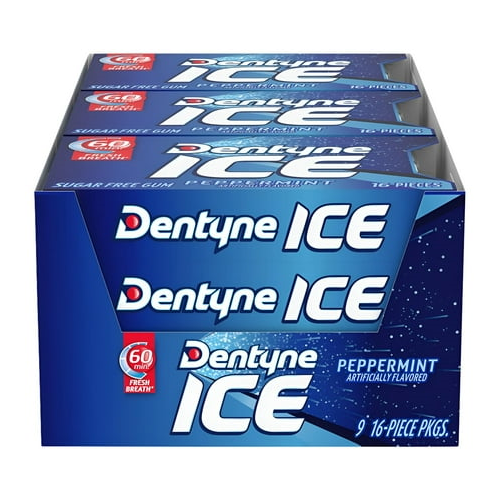 Dentyne Ice Peppermint Sugar Free Gum, 9 Packs of 16 Pieces (144 Total Pieces)