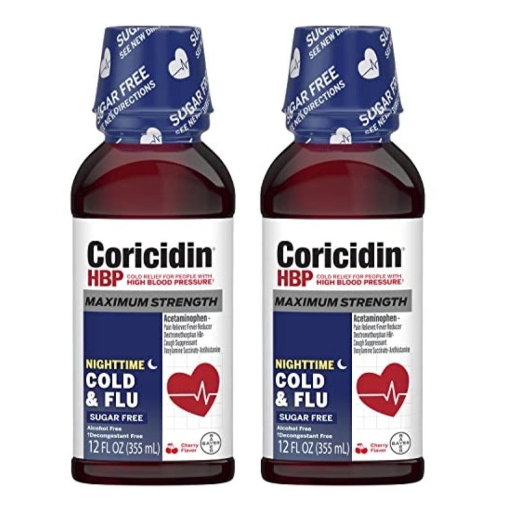 Coricidin HBP Maximum Strength Cold & Flu Night Sugar Free Liquid, 12 Fl Oz