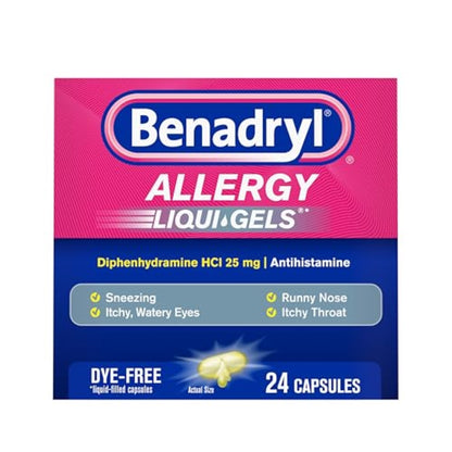Benadryl Liqui-Gels Allergy Medicine, Dye-Free Liquid Gel Capsules with 25 mg of Diphenhydramine HCl Antihistamine for Relief of Allergy & Cold Symptoms Like Runny Nose & Sneezing, 24 ct