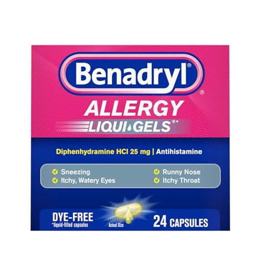 Benadryl Liqui-Gels Allergy Medicine, Dye-Free Liquid Gel Capsules with 25 mg of Diphenhydramine HCl Antihistamine for Relief of Allergy & Cold Symptoms Like Runny Nose & Sneezing, 24 ct
