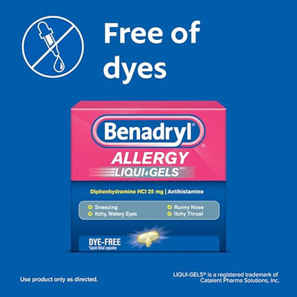 Benadryl Liqui-Gels Allergy Medicine, Dye-Free Liquid Gel Capsules with 25 mg of Diphenhydramine HCl Antihistamine for Relief of Allergy & Cold Symptoms Like Runny Nose & Sneezing, 24 ct