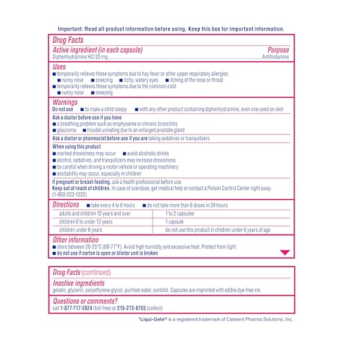 Benadryl Liqui-Gels Allergy Medicine, Dye-Free Liquid Gel Capsules with 25 mg of Diphenhydramine HCl Antihistamine for Relief of Allergy & Cold Symptoms Like Runny Nose & Sneezing, 24 ct