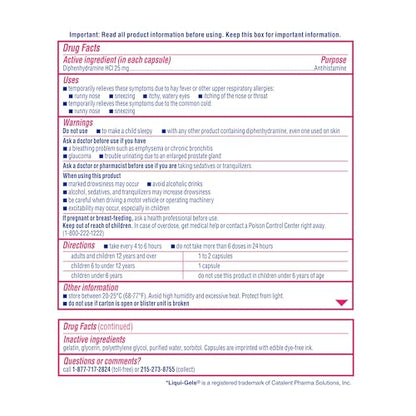Benadryl Liqui-Gels Allergy Medicine, Dye-Free Liquid Gel Capsules with 25 mg of Diphenhydramine HCl Antihistamine for Relief of Allergy & Cold Symptoms Like Runny Nose & Sneezing, 24 ct