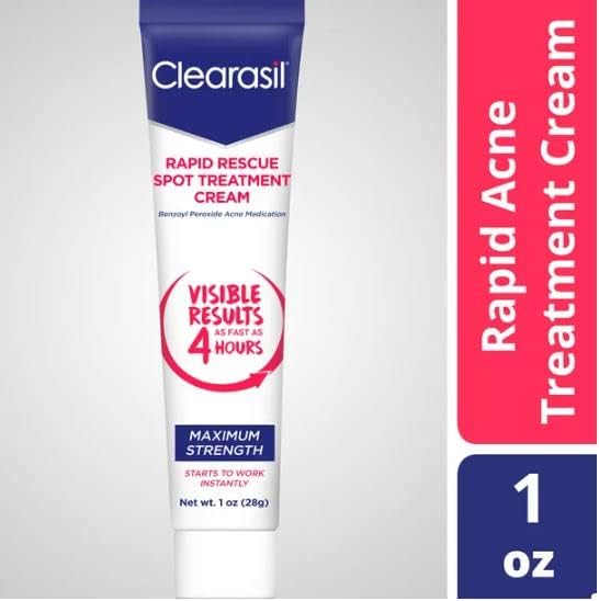 Clearasil Rapid Rescue Spot Treatment Cream with Benzoyl Peroxide Acne Medication for Acne Relief in as fast as 4 hours, 1 Ounce