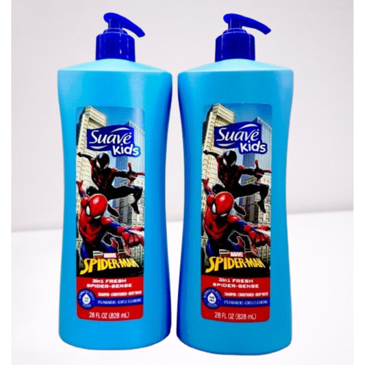 Suave Kids 3 in 1 Shampoo Conditioner Body Wash For Tear-Free Bath Time, Fresh Spider-Sense, Dermatologist-Tested Kids Shampoo 3 in 1 Formula 28 oz