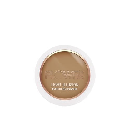 FLOWER Beauty By Drew Barrymore Light Illusion Perfecting Powder - Powder Foundation + Setting Powder for Makeup - Medium Buildable Coverage - Natural Glow + Flawless Finish - Mirror + Sponge Include d (Mocha)